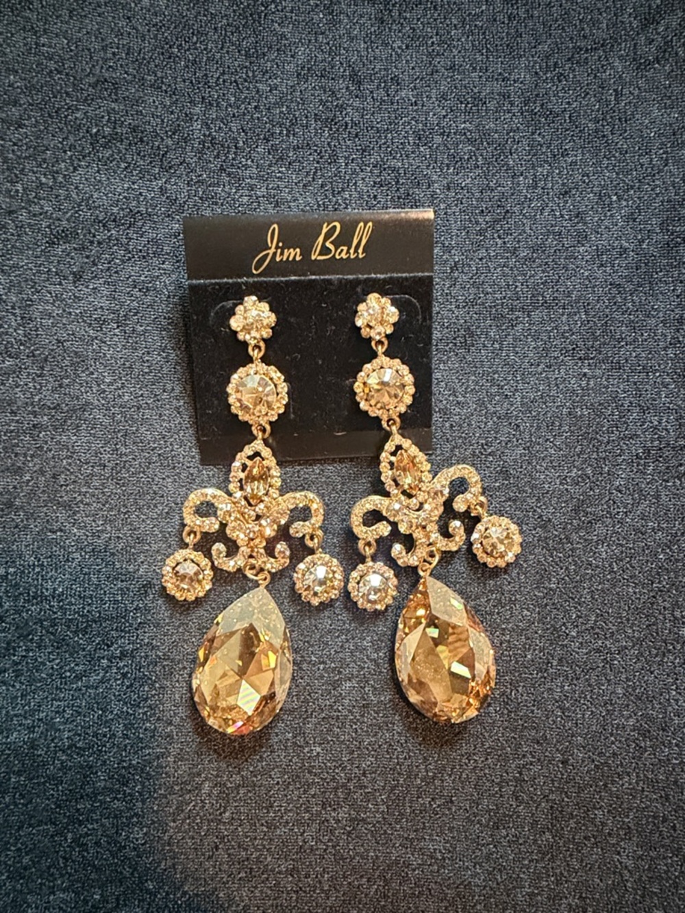 Jim Ball Gold Crystal Teardrop Filigree Chandelier Earrings